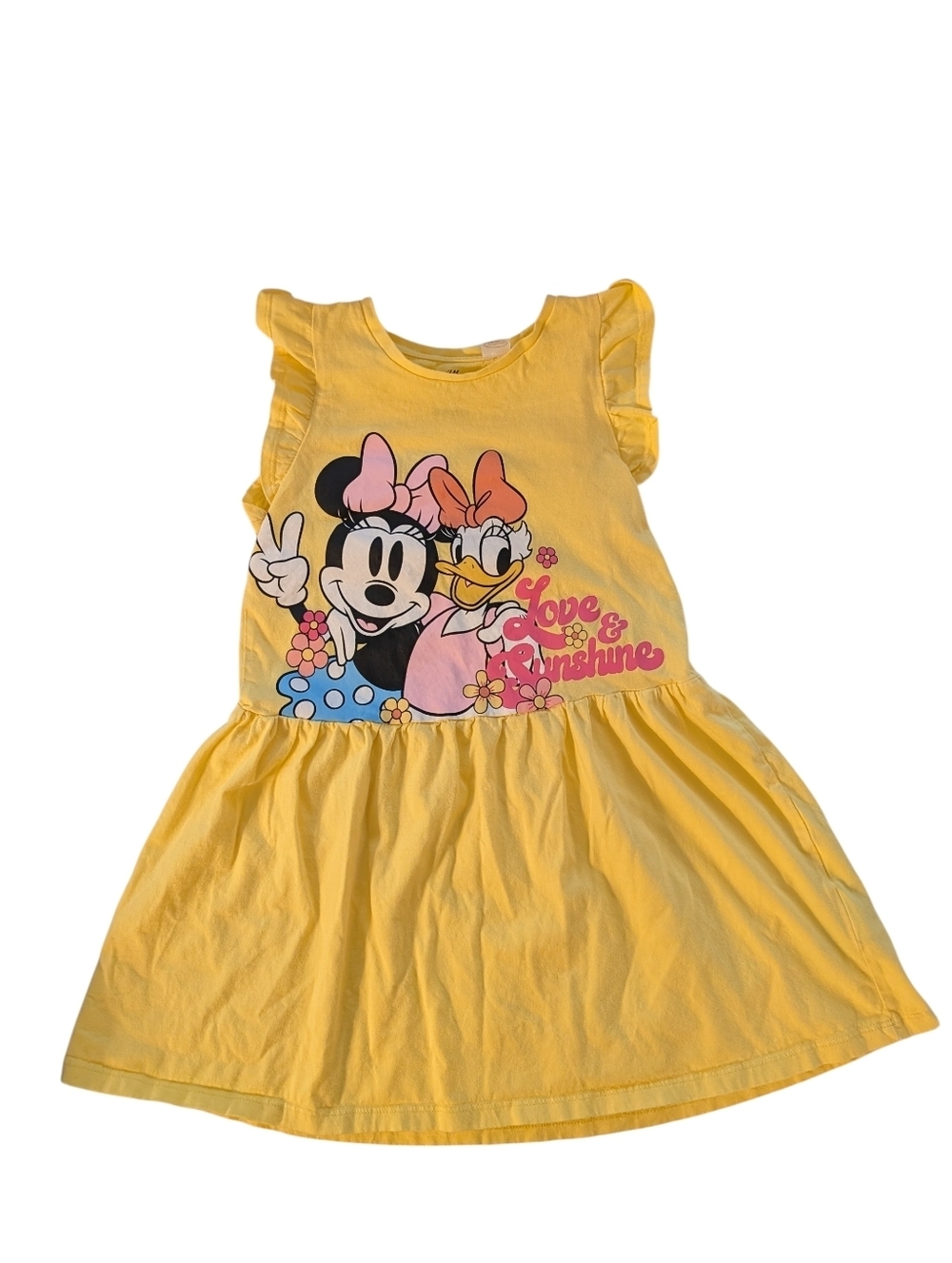H&M Yellow Girls Minnie & Daisy Graphic Dress with Pink Accents Cotton Size 5/6
